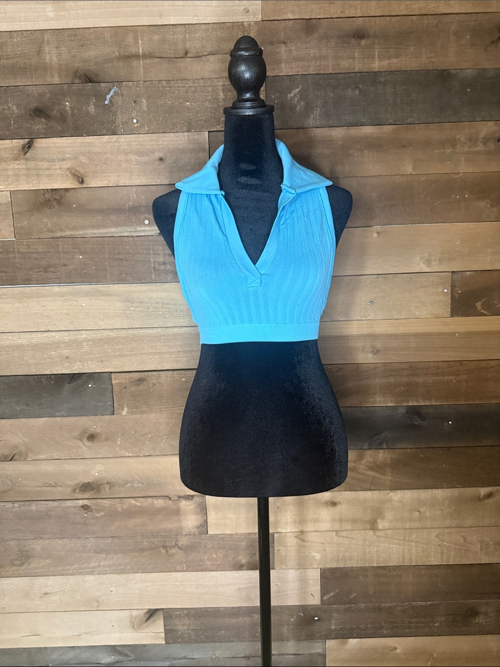 Urban Outfitters Sky Blue Ribbed Polo Crop Top